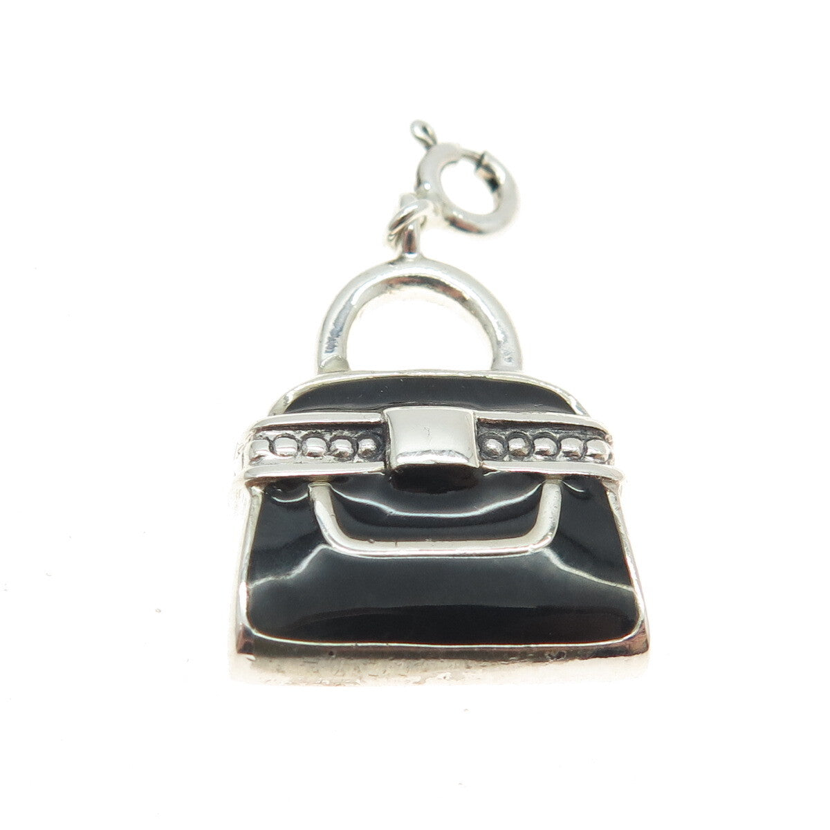 925 Sterling Silver Vintage Black Enamel Lady’s Bag / Purse Charm Pendant