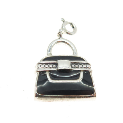 925 Sterling Silver Vintage Black Enamel Lady’s Bag / Purse Charm Pendant