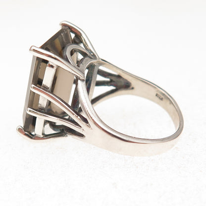 925 Sterling Silver Vintage Real Emerald-Cut Smoky Quartz Ring Size 8