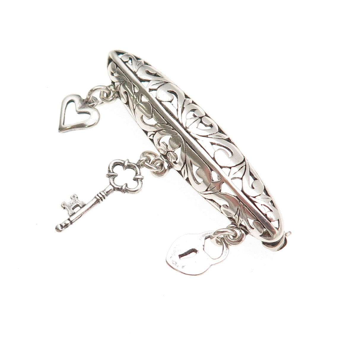 Jezlaine Sterling Silver Vintage Heart Lock Key Dangle Charm Floral Pin Brooch