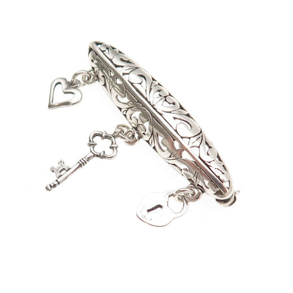 Jezlaine Sterling Silver Vintage Heart Lock Key Dangle Charm Floral Pin Brooch