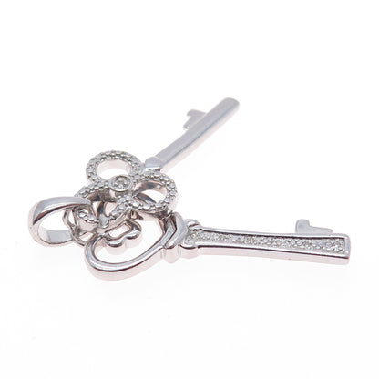 925 Sterling Silver Real Round-Cut Diamond Heart & Club Key Charm Pendant