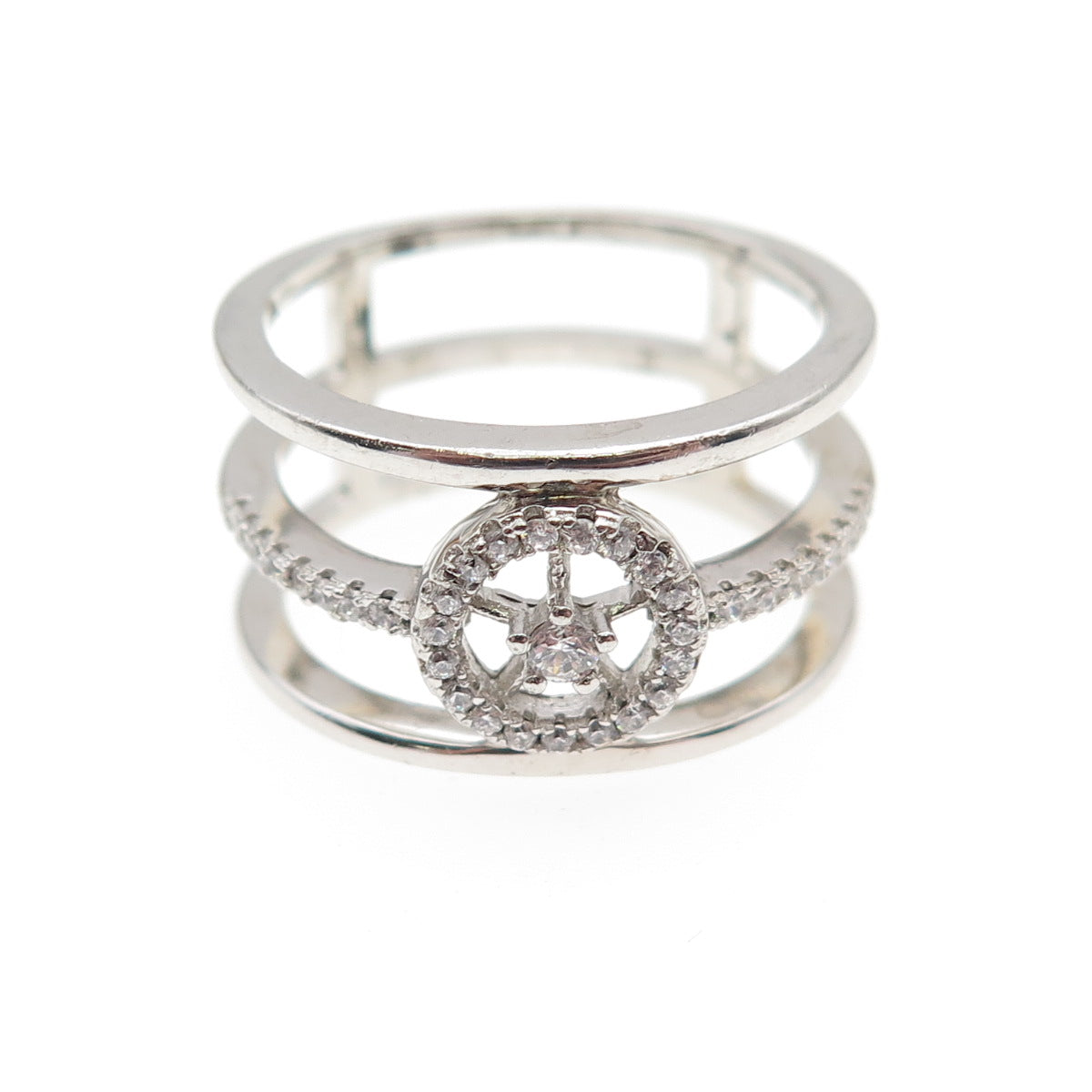 925 Sterling Silver Round-Cut C Z Wheel of Fortune Multi-Row Ring Size 7