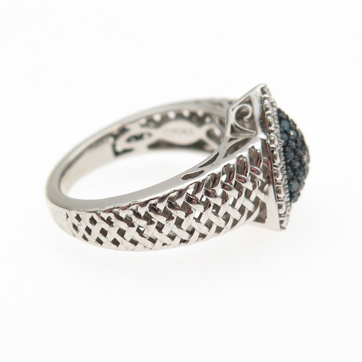 925 Sterling Silver Real Round-Cut Blue Diamond Triangle Ring Size 5