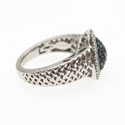 925 Sterling Silver Real Round-Cut Blue Diamond Triangle Ring Size 5