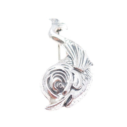 BEAU 925 Sterling Silver Vintage Fish Cartoon Character Oxidized Pin Brooch