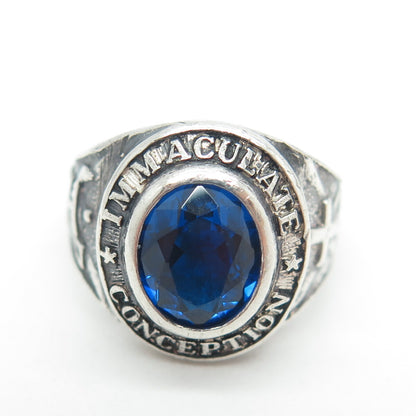925 Sterling Silver Vintage Blue Glass 1973 Immaculate Conception Ring Size 7.25