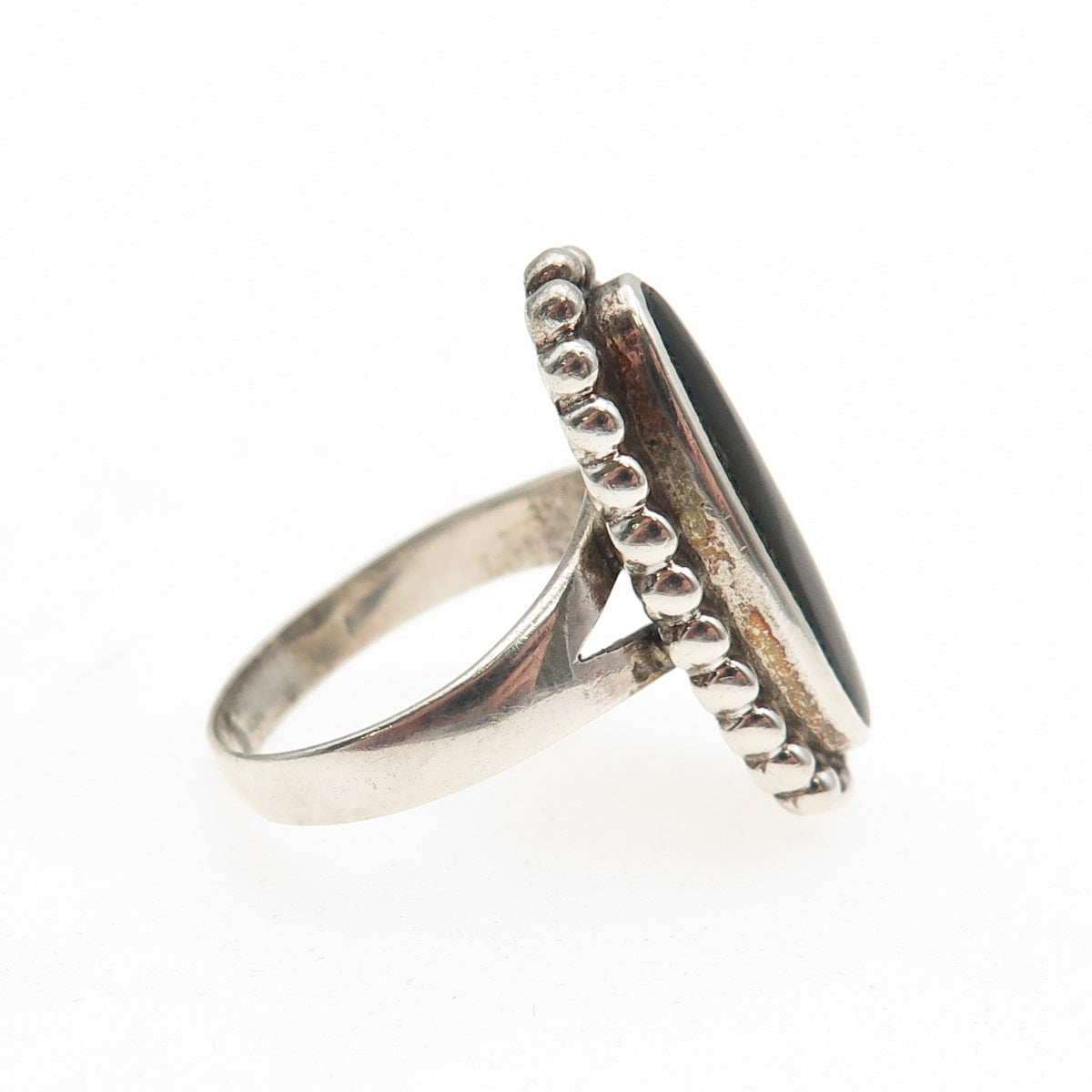 925 Sterling Silver Vintage Real Black Onyx Oxidized Beaded Ring Size 6.75