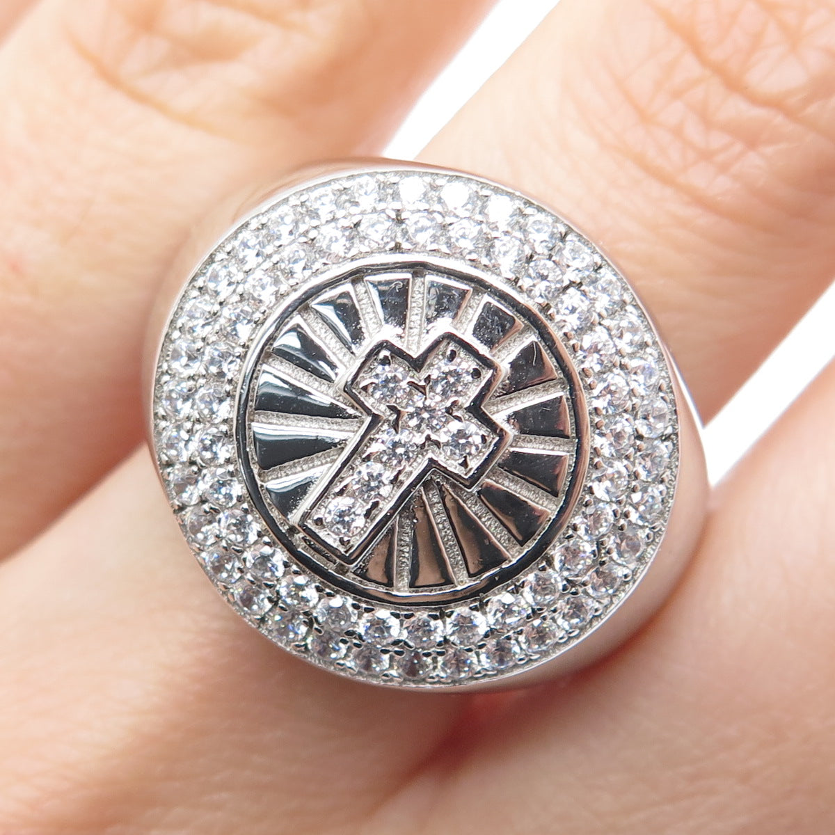 925 Sterling Silver Round-Cut C Z Cross Ring Size 10.25