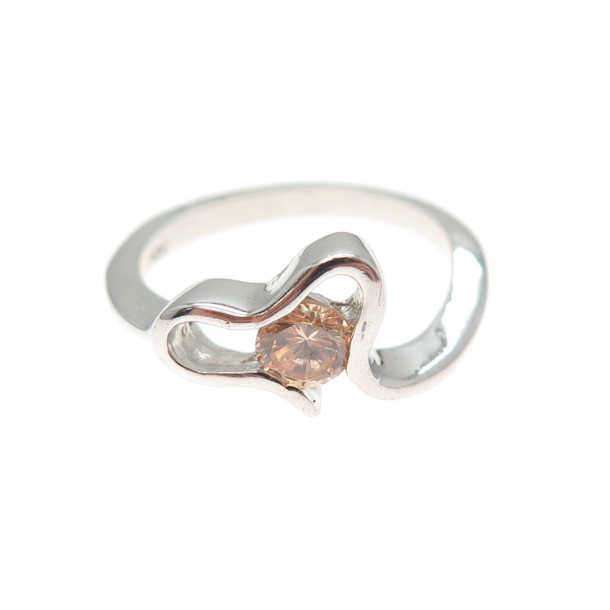 925 Sterling Silver Round-Cut Champagne C Z Modernist Heart Ring Size 6