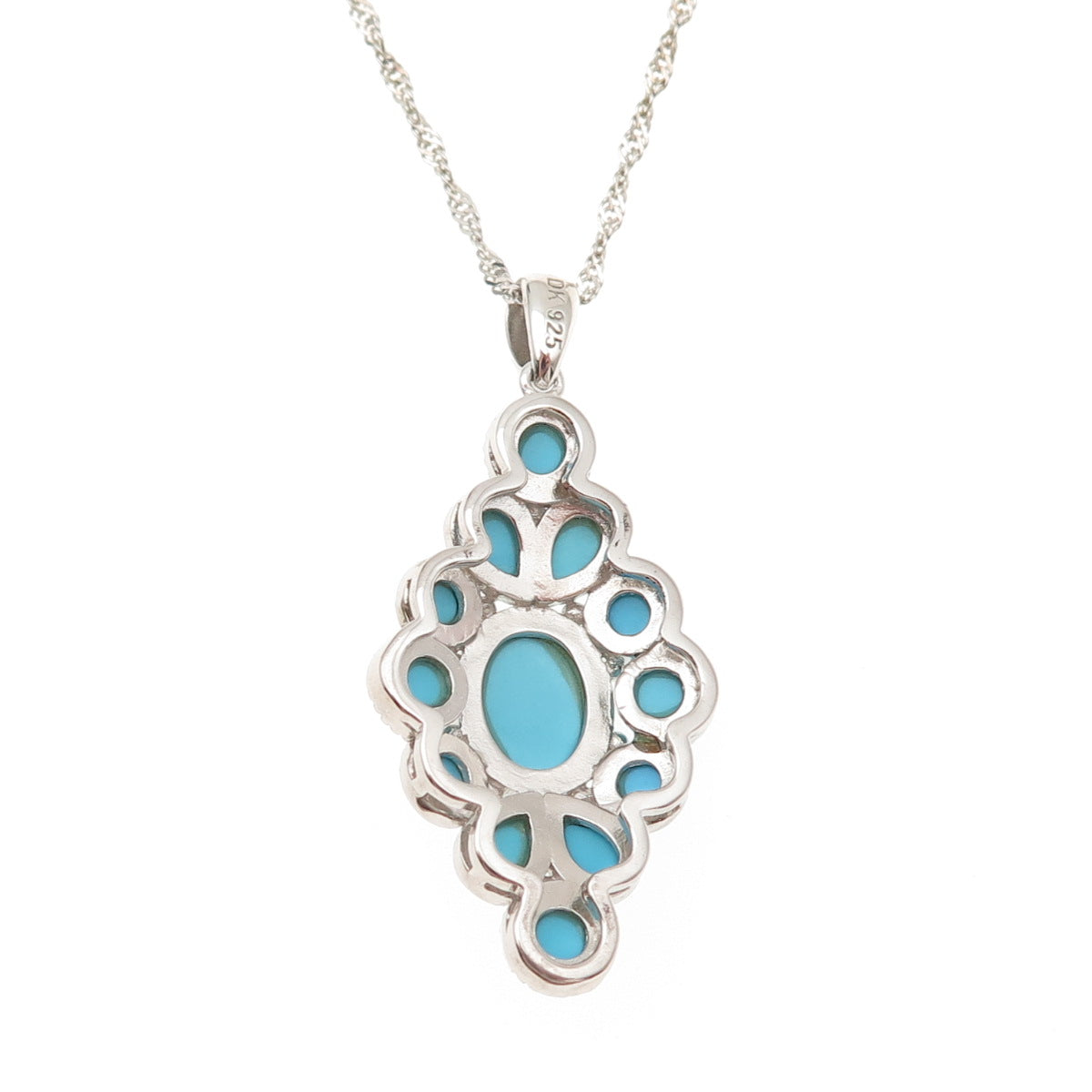 925 Sterling Silver Real Tyrone Turquoise Floral Singapore Chain Necklace 18-20"