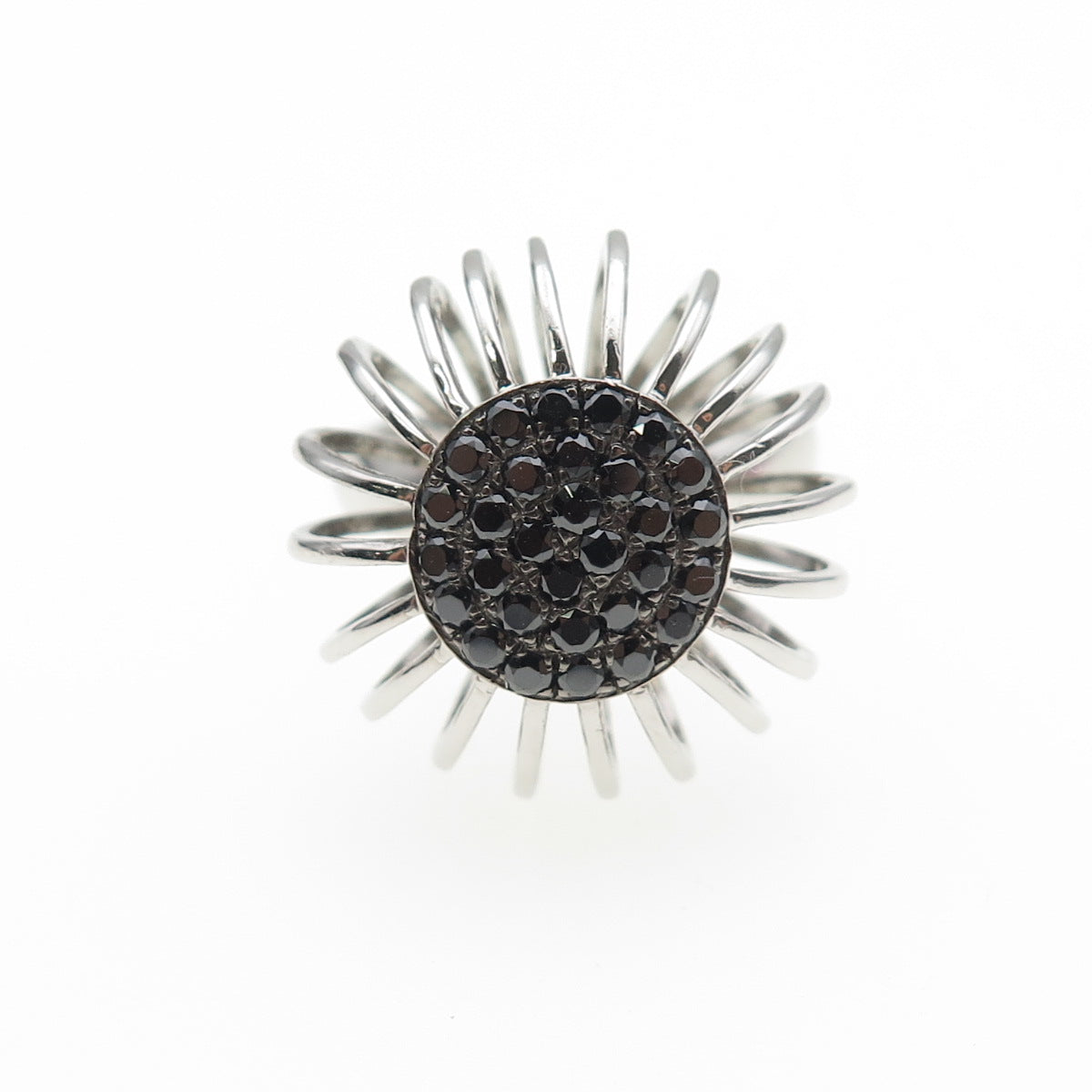 925 Sterling Silver Real Round-Cut Black Spinel Modernist Flower Ring Size 7.25