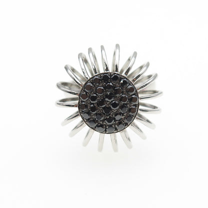 925 Sterling Silver Real Round-Cut Black Spinel Modernist Flower Ring Size 7.25