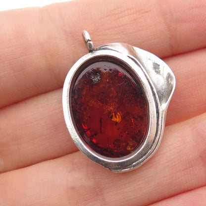 925 Sterling Silver Vintage Real Amber Modernist Floral Oxidized Charm Pendant
