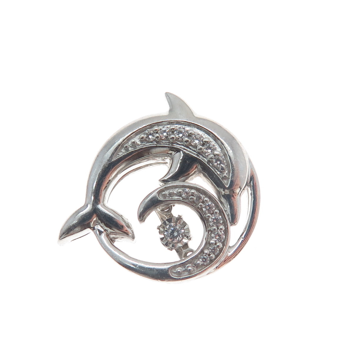 925 Sterling Silver Round-Cut Shaped C Z Friendly Dolphin Slide Pendant