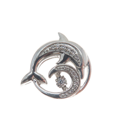 925 Sterling Silver Round-Cut Shaped C Z Friendly Dolphin Slide Pendant