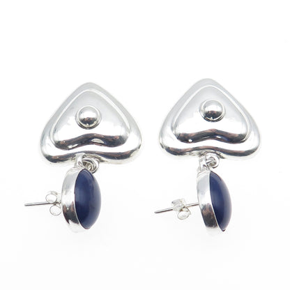 925 Sterling Silver Vintage Mexico Real Lapis Lazuli Heart Dangle Earrings