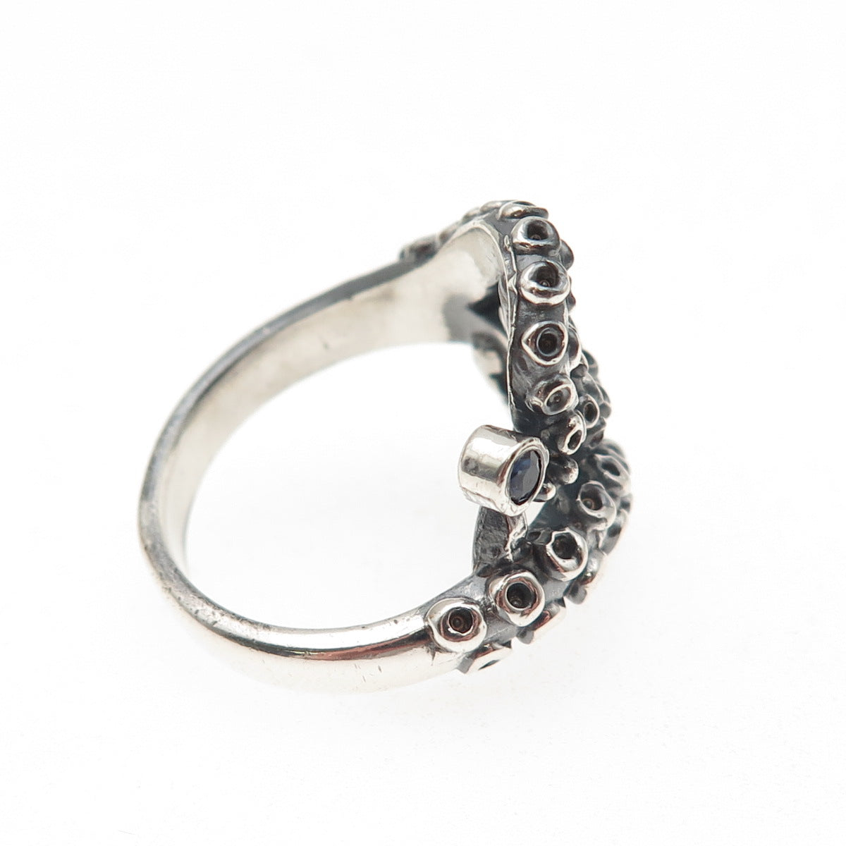 925 Sterling Silver Vintage Real Sapphire Octopus Oxidized Ring Size 8.25