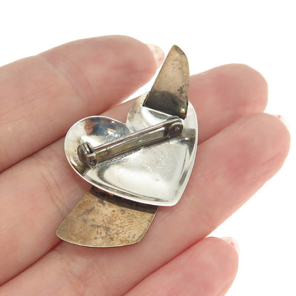 KOREY C. 925 Sterling Silver Vintage Heart Modernist Textured Pin Brooch