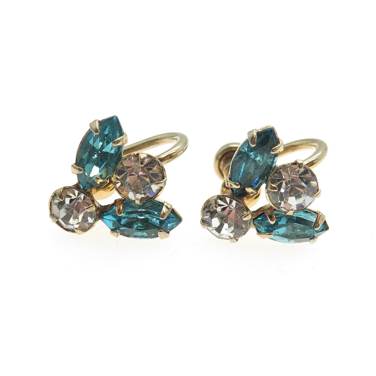 1/20 12K Gold Filled Antique P & F White Blue Rhinestone Bee Screw Back Earrings