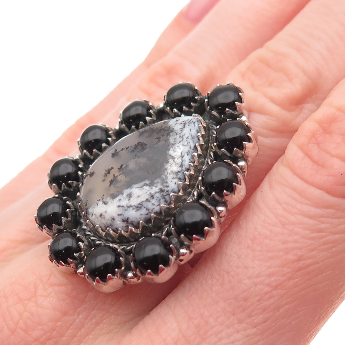 Krush Kandy Sterling Silver Vintage Real Moss Agate & Black Onyx Ring Size 8.5