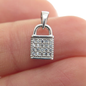HAN 925 Sterling Silver Round-Cut C Z Lock Minimalist Charm Pendant