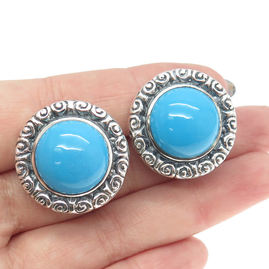 925 Sterling Silver Vintage Real Turquoise Spiral Omega Back Earrings