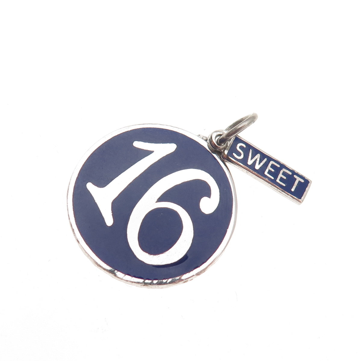 925 Sterling Silver Vintage Enamel Sweet 16 Round Tag Charm Pendant