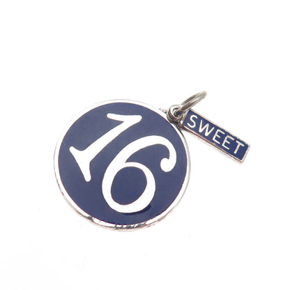 925 Sterling Silver Vintage Enamel Sweet 16 Round Tag Charm Pendant