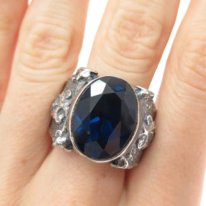 925 Sterling Silver Vintage Lab-Created Sapphire Oxidized Ring Size 10.5
