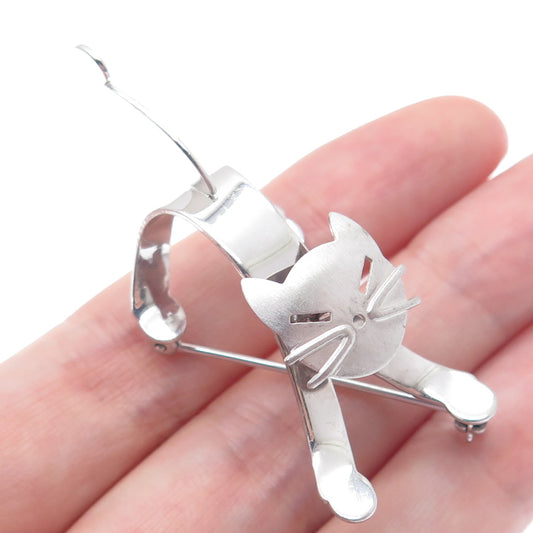 BEAU 925 Sterling Silver Vintage Stretching Cat Movable Head Pin Brooch