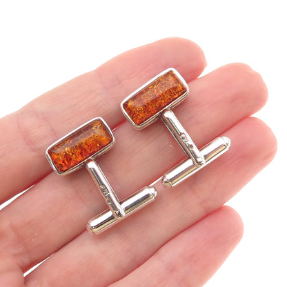 925 Sterling Silver Vintage JV Poland Real Amber Modernist Cufflinks