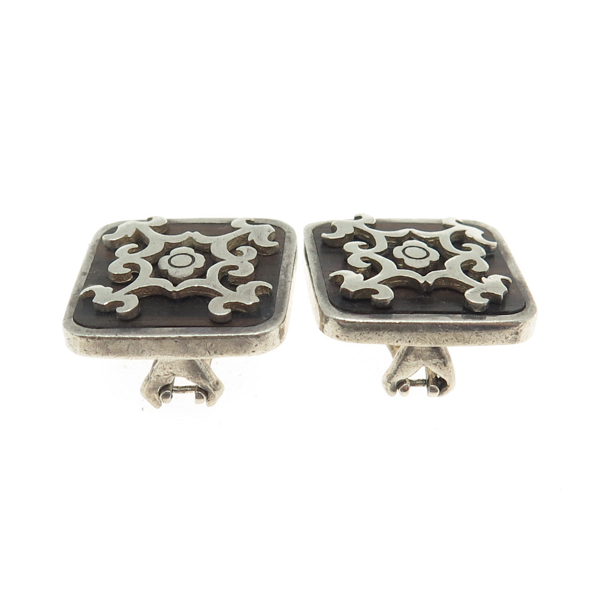 925 Sterling Silver Vintage Wood Floral Ornate Clip On Earrings