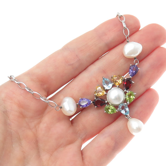 925 Sterling Silver Pearl Topaz Amethyst Peridot Citrine Garnet Necklace 18-20"