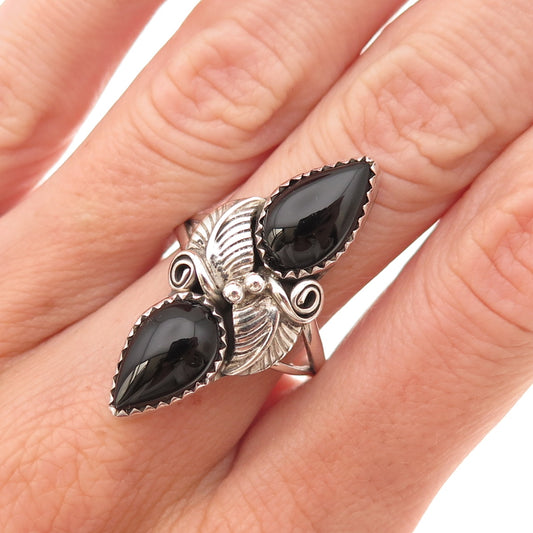 Calvin Desson Navajo Old Pawn 925 Sterling Vintage Black Onyx Floral Ring Size 8