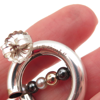 Hiroko Yamada 925 Sterling 2-Tone Vintage Real Pearl Hematite Modernist Earrings