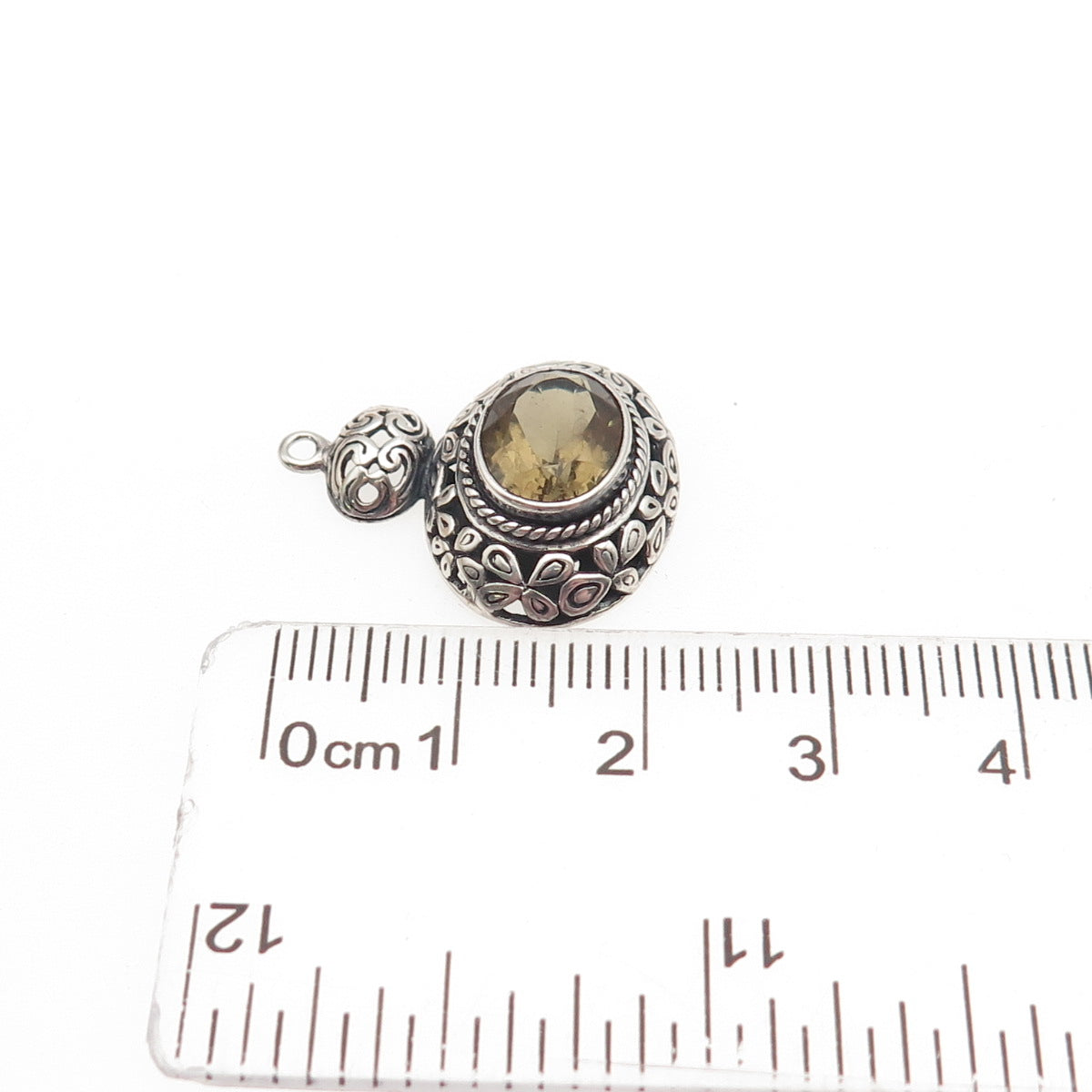 925 Sterling Silver Vintage Real Smoky Quartz Floral Scroll Oxidized Pendant