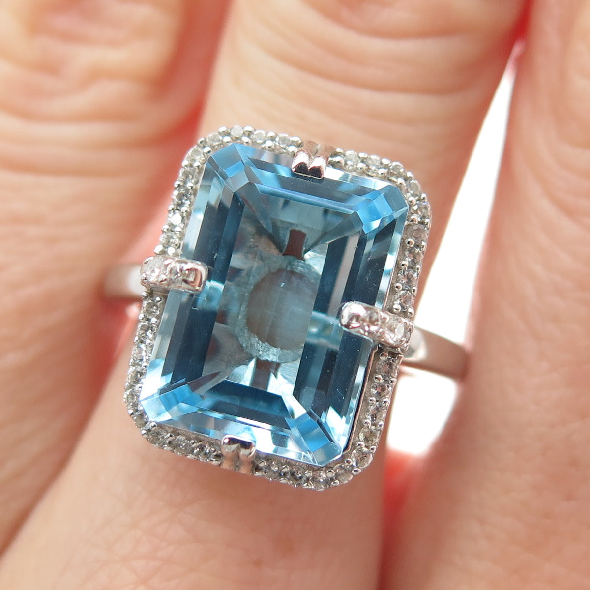 DSMK 925 Sterling Silver Real Emerald-Cut Blue Topaz & C Z Ring Size 7.5