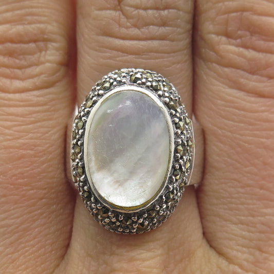 925 Sterling Silver Vintage Real Mother-of-Pearl & Marcasite Ring Size 8