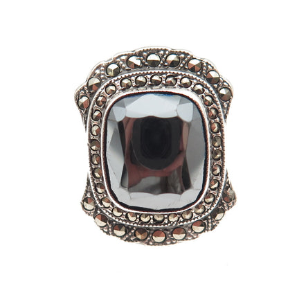 UNCAS 925 Sterling Silver Antique Art Deco Real Hematite Marcasite Ring Size 3.5