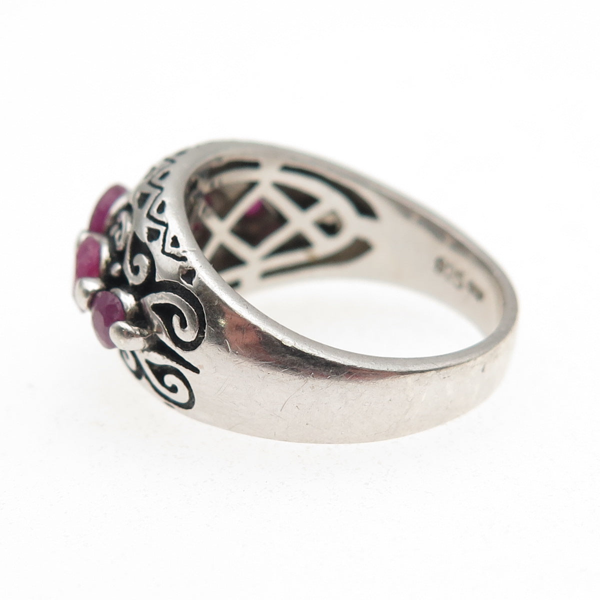 925 Sterling Silver Vintage Real Round-Cut Ruby Swirl Oxidized Ring Size 7