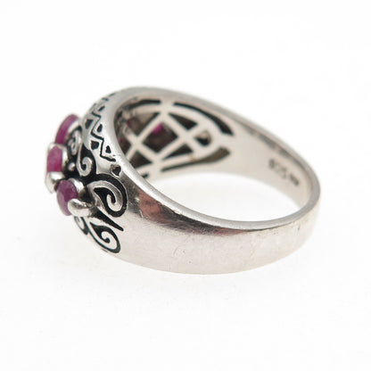 925 Sterling Silver Vintage Real Round-Cut Ruby Swirl Oxidized Ring Size 7