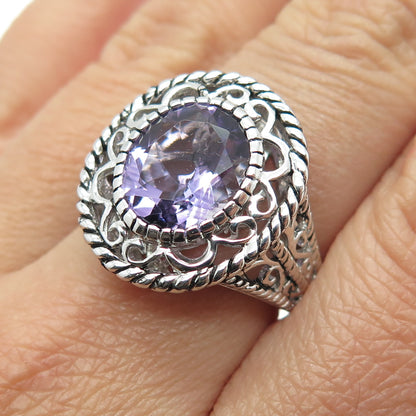 925 Sterling Silver Real Checkered Amethyst Gem Swirl Twisted Ring Size 7