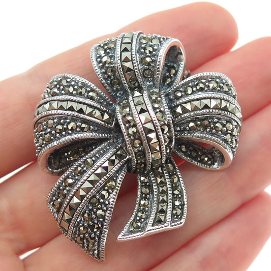 JUDITH JACK 925 Sterling Silver Vintage Real Marcasite Bow Oxidized Pin Brooch