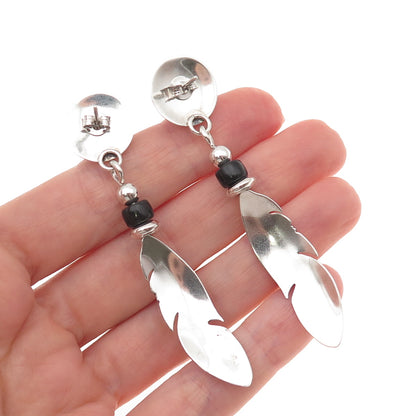 Old Pawn 925 Sterling Silver Vintage Black Onyx Feather Tribal Dangle Earrings