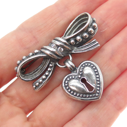 925 Sterling Silver Vintage C Z Ribbon Bow Heart Lock Oxidized Pin Brooch