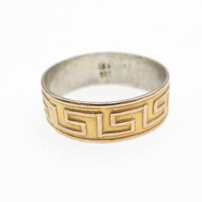 925 Sterling Silver 18K Gold Vintage Greek Key Band Ring Size 6.75