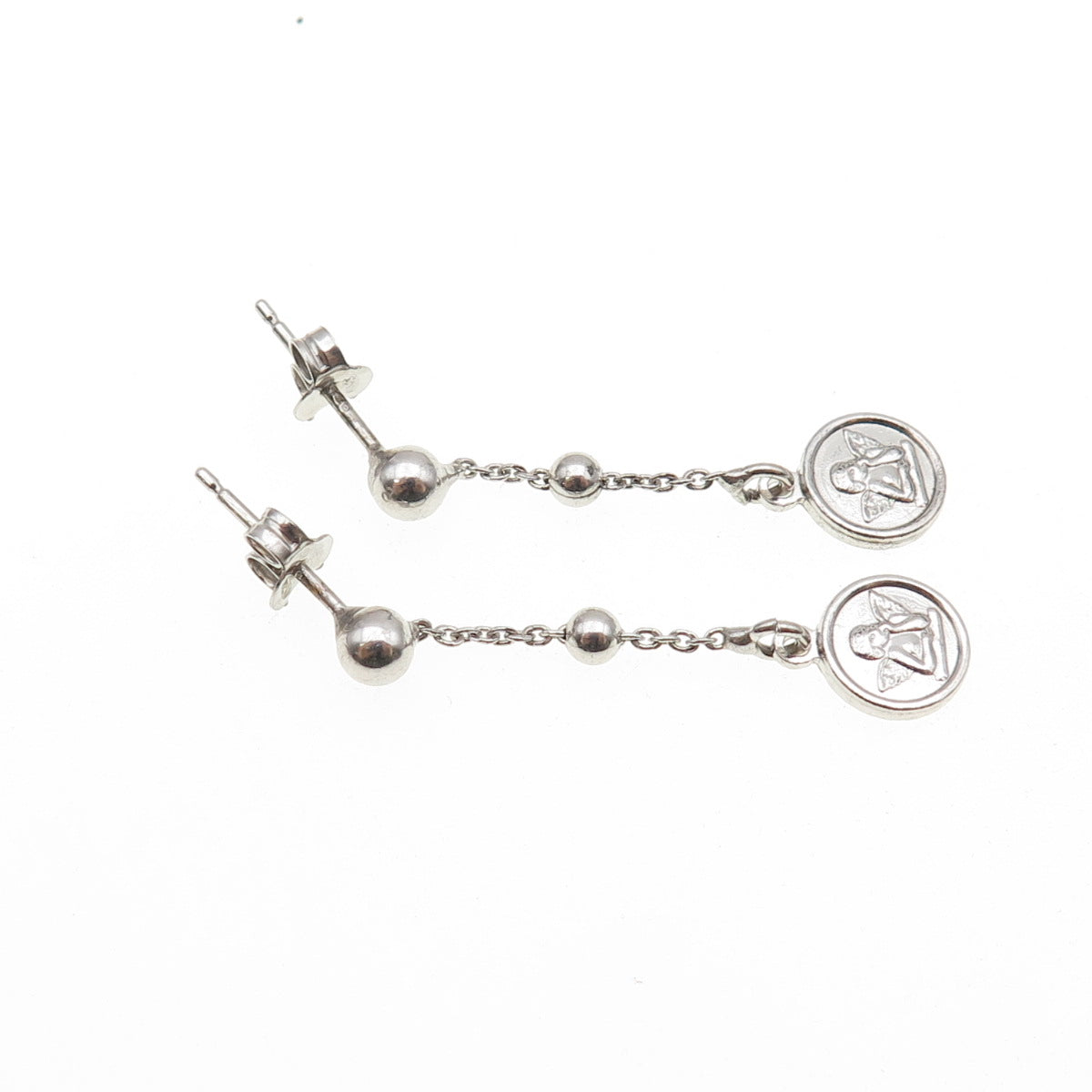 925 Sterling Silver Cherub Drop Chain Dangle Earrings