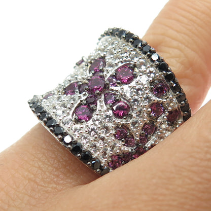 925 Sterling Silver Real White Topaz Amethyst Black Spinel Flower Ring Size 6.25