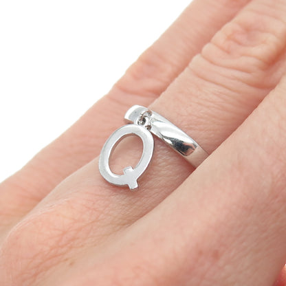 925 Sterling Silver Vintage Letter Q Dangle Charm Adjustable Ring Size 6